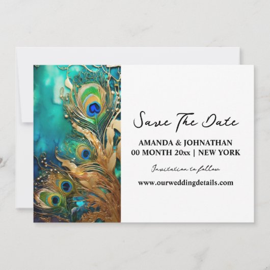 Pauw veren luxe vogelverenkleed verloving save the date (Voorkant)