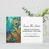 Pauw veren luxe vogelverenkleed verloving save the date (Staand voorkant)