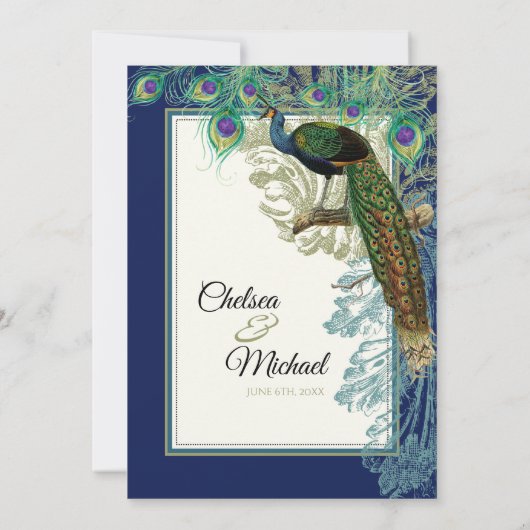 pauw veren marineblauw - bruiloft kaart (Achterkant)