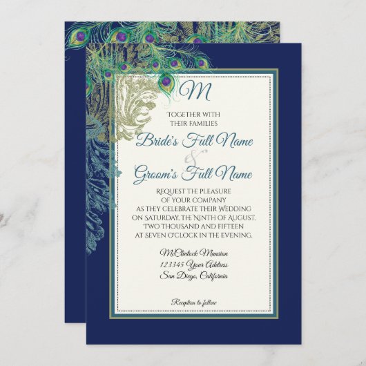  pauw veren marineblauw - bruiloft kaart (Voorkant / Achterkant)