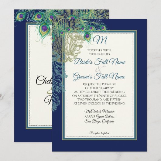 pauw veren marineblauw - bruiloft kaart (Voorkant / Achterkant)