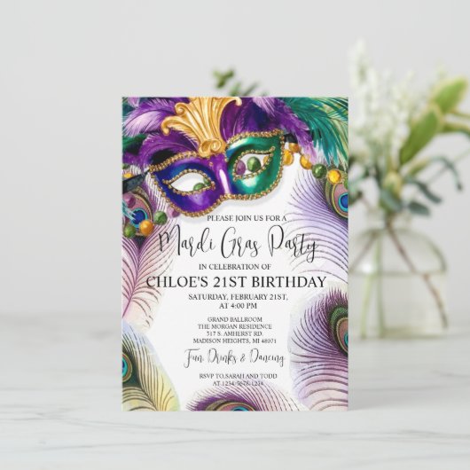 Pauw veren masker Mardi Gras Masquerade Party Kaart (Staand voorkant)