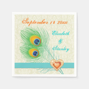 Pauw veren met oranje juweel hart bruiloft servet