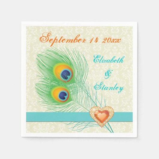 Pauw veren met oranje juweel hart bruiloft servet (Voorkant)