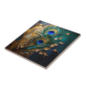 Pauw veren parelblad faux gouden folie gemarmerd tegeltje (Zijkant)