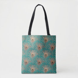 Pauw veren patroon blauwgroen goud elegant tote bag