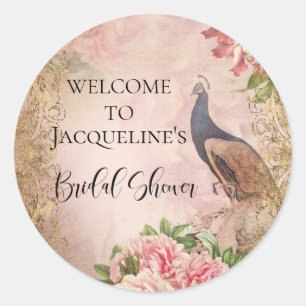 Pauw Vintage Elegante Roze Pioen Bruiloft Feest Ronde Sticker