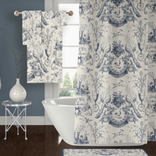 Pauw Vintage Franse Toile Blauwe Haan en Konijn Douchegordijn