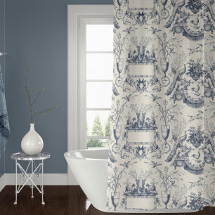 Pauw vintage toile blauwwit haan en konijn douchegordijn