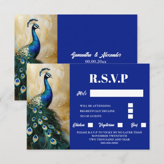 Pauw vogel luxe 3D blauw smaragdgroen rsvp (Voorkant / Achterkant)