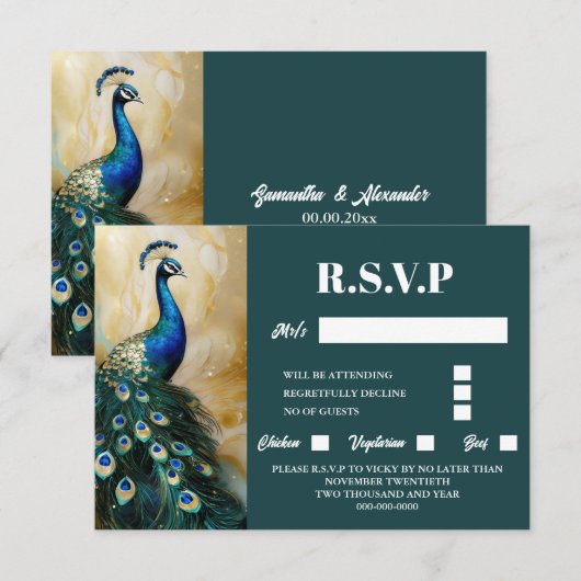 Pauw vogel luxe 3D donker blauwgroen smaragd rsvp (Voorkant / Achterkant)