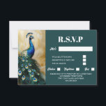 Pauw vogel luxe 3D donker blauwgroen smaragd rsvp Kaartje<br><div class="desc">Tegen een effen donkerblauwe blauwgroen achtergrond is een enkele pauw geplaatst die lijkt te schitteren en te schitteren. De vogel is geplaatst tegen een beige gemarmerde achtergrond met bewerkbare witte sjablonen aan de rechterkant, die kunnen worden aangepast aan uw behoeften. Dit luxueuze en elegante ontwerp is ideaal voor een vrijgezellenfeest...</div>