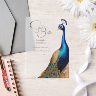 Pauw vogel overlay zomertuin verloving vellum uitnodigingen