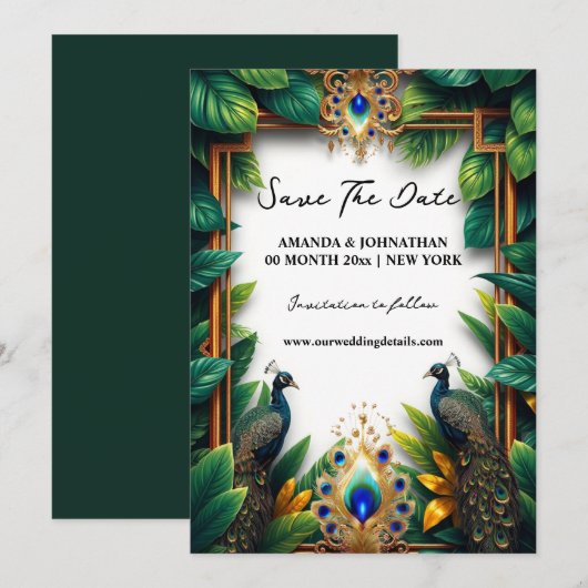 Pauw vogels luxe veren tropische outdoor save the date (Voorkant / Achterkant)