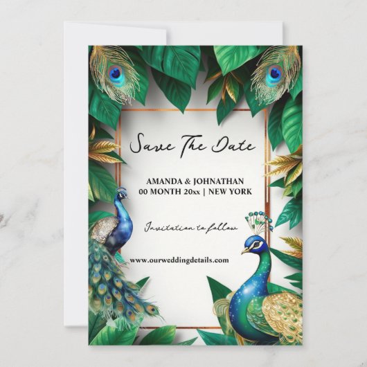 Pauw vogels luxe vogelveren elegant save the date (Voorkant)
