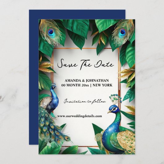 Pauw vogels luxe vogelveren elegant save the date (Voorkant / Achterkant)
