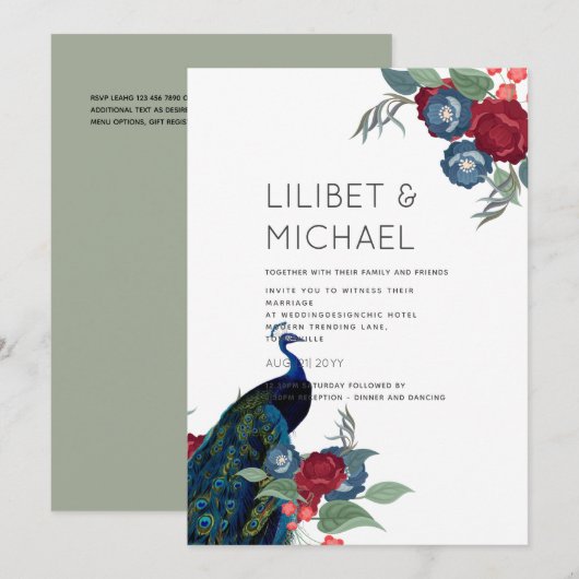 Pauwblauw Bourgondië Winter Herfst Bruiloft Budget Kaart (Voorkant / Achterkant)