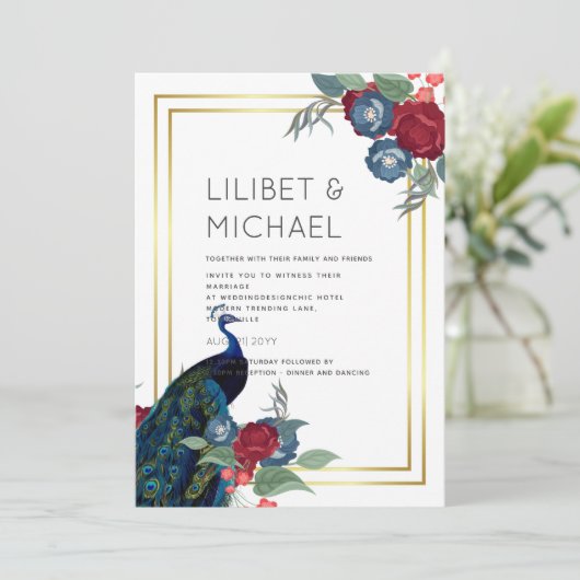 Pauwblauw Bourgondië Winter Herfst Bruiloft Kaart (Staand voorkant)