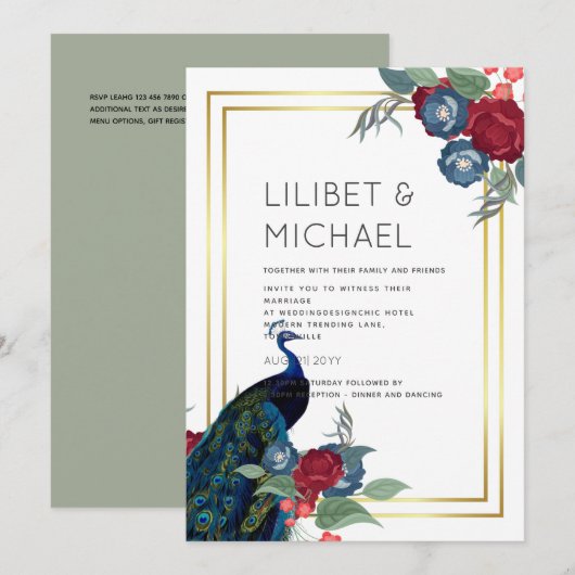 Pauwblauw Bourgondië Winter Herfst Bruiloft Kaart (Voorkant / Achterkant)