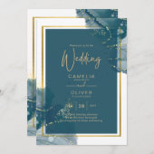 Pauwblauw Goud Alcohol INK Chic Trouw Uitnodiging (Voorkant / Achterkant)