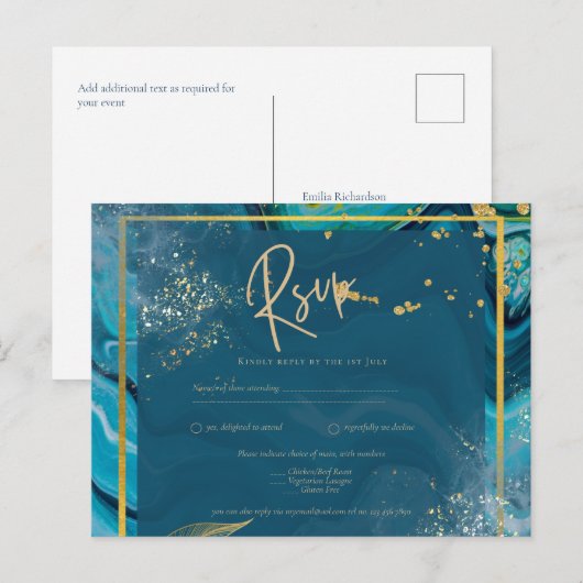 Pauwblauw Goud INK Abstract Trouwen  Briefkaart (Voorkant / Achterkant)