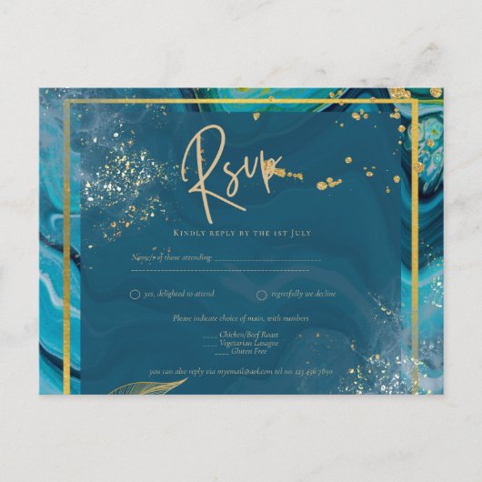 Pauwblauw Goud INK Abstract Trouwen  Briefkaart (Voorkant)