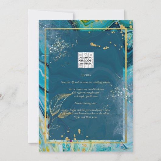 Pauwblauw Goud INK Abstract Trouwen Kaart (Achterkant)