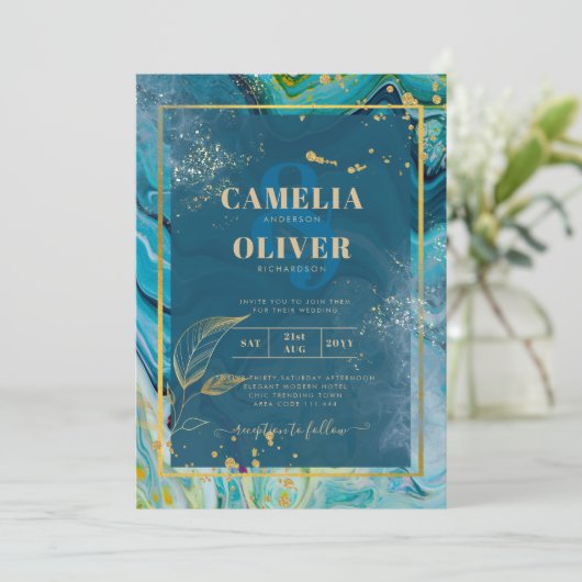 Pauwblauw Goud INK Abstract Trouwen Kaart (Staand voorkant)
