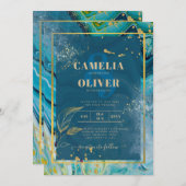 Pauwblauw Goud INK Abstract Trouwen  Kaart (Voorkant / Achterkant)