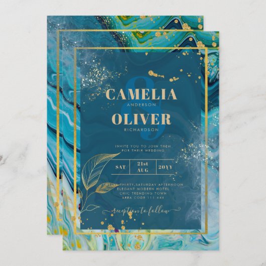 Pauwblauw Goud INK Abstract Trouwen  Kaart (Voorkant / Achterkant)