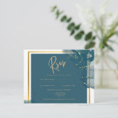 Pauwblauw Gouden Alcohol INK Chic Trouw RSVP Briefkaart (Staand voorkant)