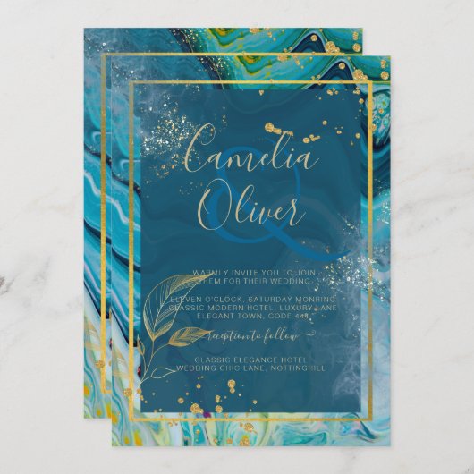 Pauwblauw Gouden INK Abstracte Trouw Kaart (Voorkant / Achterkant)