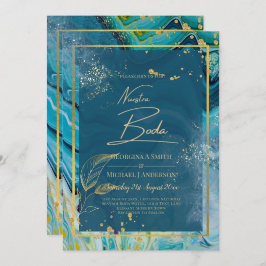 Pauwblauw Gouden INK Abstracte Trouw  Kaart (Voorkant / Achterkant)