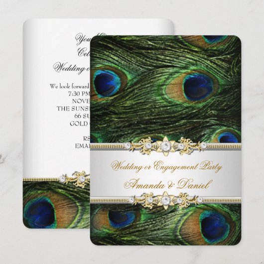 Pauwblauw Groen Gouden Huwelijk of Verlovingsfeest Kaart (Voorkant / Achterkant)