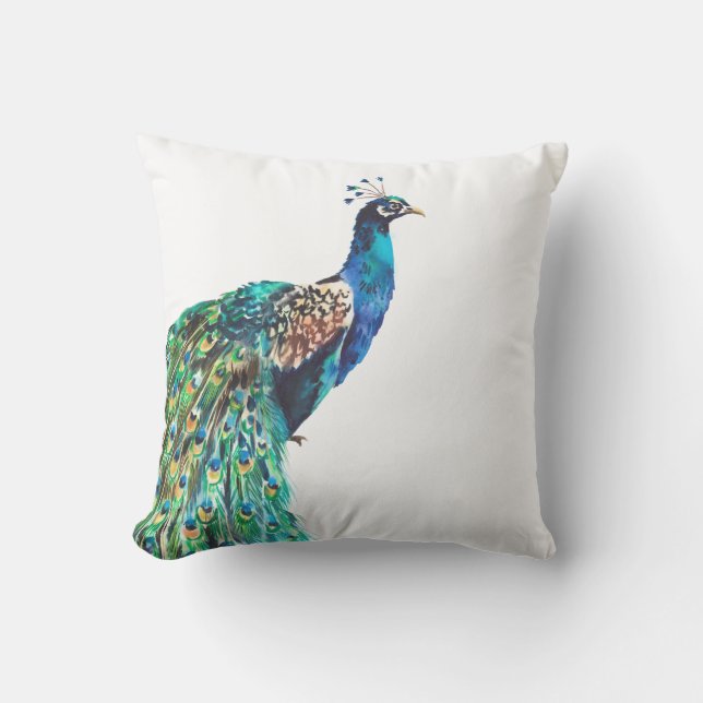 Pauwblauw Groenblauw Vogel Wit Buitenkussen (Voorkant)