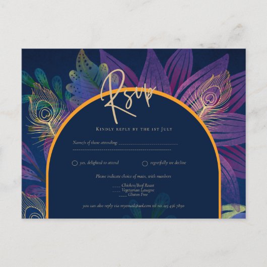 Pauwblauw Juweeltonen Bloemig Goud Tekst Trouw Briefkaart (Voorkant)