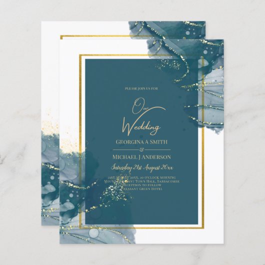 Pauwblauwe Gouden Alcohol INK Chic Trouw Uitnodigi (Voorkant / Achterkant)