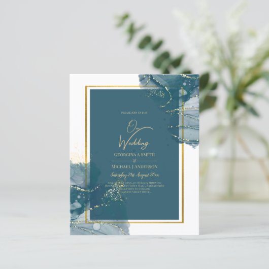 Pauwblauwe Gouden Alcohol INK Chic Trouw Uitnodigi (Staand voorkant)