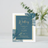 Pauwblauwe Gouden Alcohol INK Chic Trouw Uitnodigi (Staand voorkant)