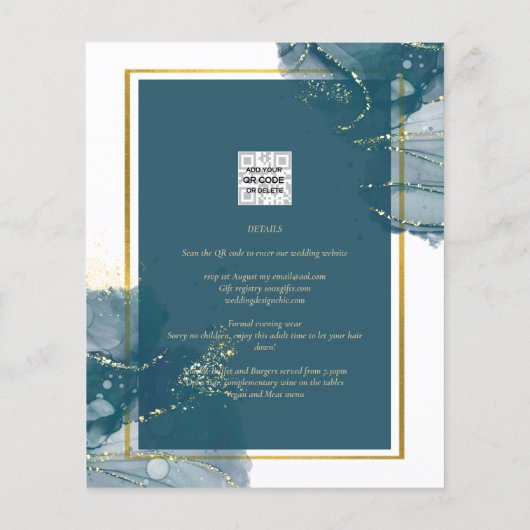 Pauwblauwe Gouden Alcohol INK Chic Trouw Uitnodigi Flyer (Achterkant)