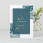 Pauwblauwe Gouden Alcohol INK Chic Trouw Uitnodigi Kaart (Staand voorkant)