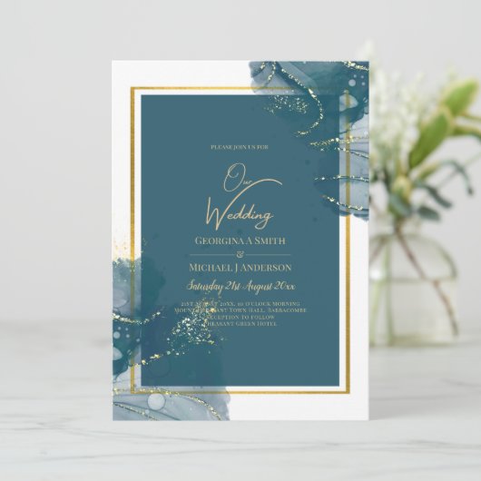 Pauwblauwe Gouden Alcohol INK Chic Trouw Uitnodigi Kaart (Staand voorkant)