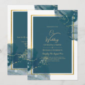 Pauwblauwe Gouden Alcohol INK Chic Trouw Uitnodigi Kaart (Voorkant / Achterkant)