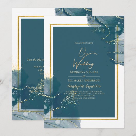 Pauwblauwe Gouden Alcohol INK Chic Trouw Uitnodigi Kaart (Voorkant / Achterkant)