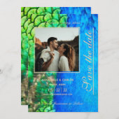 Pauwblauwe Groene Veer Textuur Zomer Bruiloft Kaart (Voorkant / Achterkant)