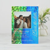 Pauwblauwe groene veertextuur zomer bruiloft kaart (Staand voorkant)