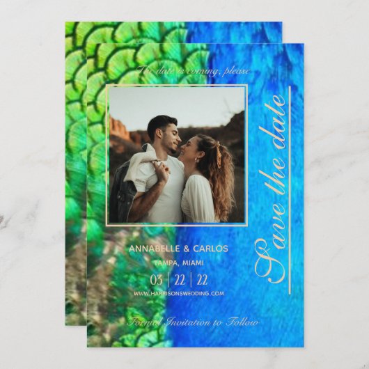 Pauwblauwe groene veertextuur zomer bruiloft kaart (Voorkant / Achterkant)