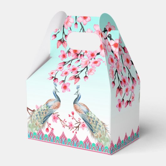 Pauwblauwe roze bloesems ombre aqua blauw  bedankdoosjes (Achterkant)