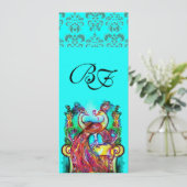 PAUWEN IN LIEFDE AQUA BLAUW TEAL DAMAST MONOGRAM KAART (Staand voorkant)