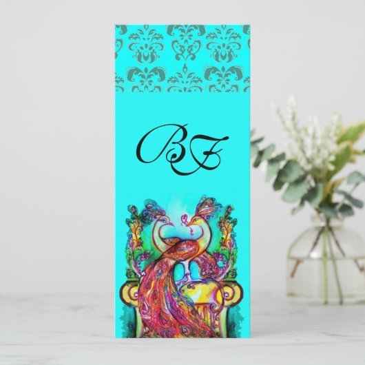 PAUWEN IN LIEFDE AQUA BLAUW TEAL DAMAST MONOGRAM KAART (Staand voorkant)